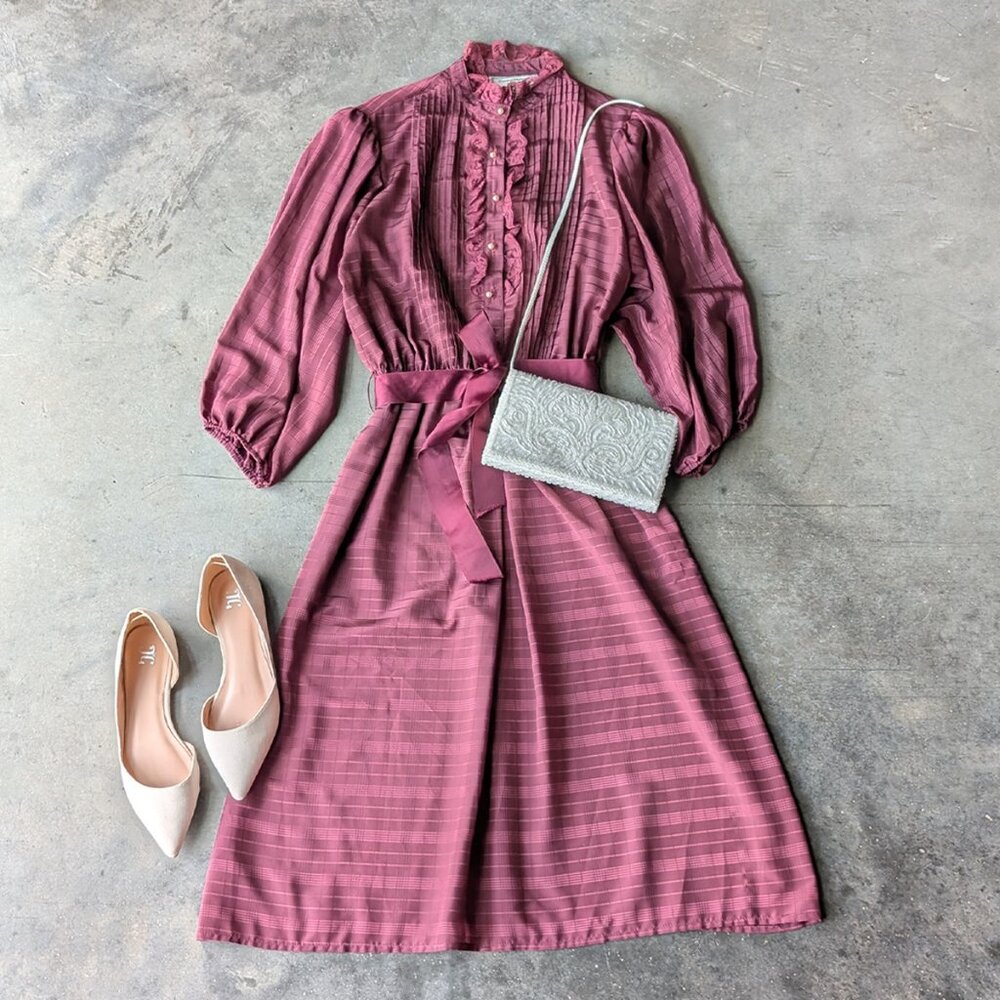 Vintage Union Made Purple Ruffle Long Sleeve Fit and Flare Tie Waist Shirt Dress